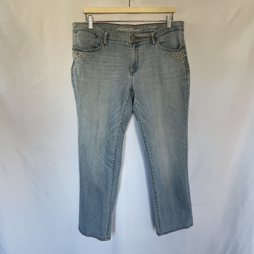 Eddie Bauer women's jeans light wash embroidered details boyfriend slim size 12